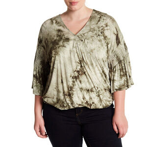Bobeau Olive Tie Dye Bell Sleeve Wrap Top NWT 4X